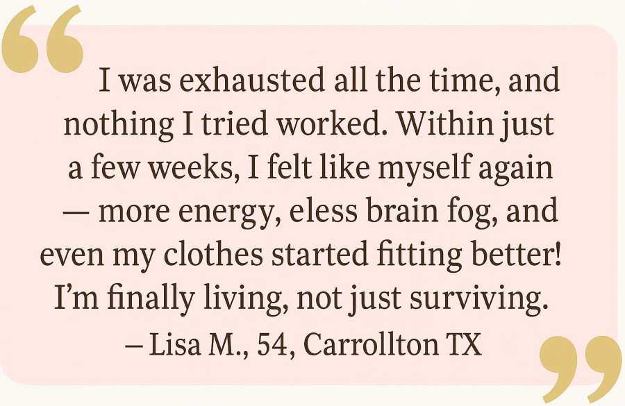 Image featuring Susan T.'s menopause relief testimonial: 'I finally feel like myself again — full of energy and hope.